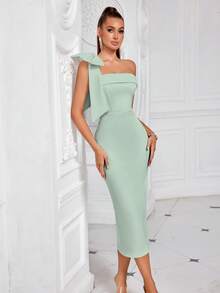 Elisanya Elegant One Shoulder Solid Color Bowknot Decor Strapless Slit Backless Midi Cocktail Party Prom Dress - Light Green - View 6