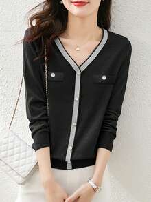 Contrast Trim V-Neck Knit Sweater For Women, New Autumn/Winter Long Sleeve Pullover Soft Fitted Top, Commuter Style