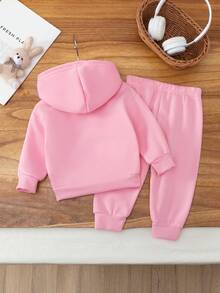 2pcs Baby Girls' Casual Cute Letter & Heart Print Hoodie Sweatshirt And Pants Set, Autumn/Winter