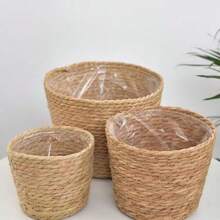 1pc Handwoven Straw Planter Basket, Wicker Plant Pot Cover For Home, Living Room Decor