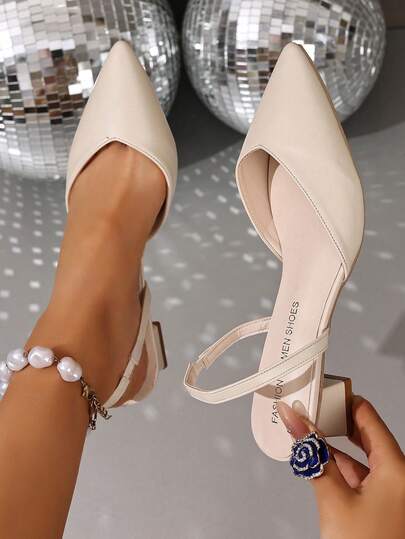 Damen Spitze Zehen Sandaletten mit niedrigem Absatz, PU Material, Slingback, einfarbig, Riemen hinten, sexy hoher Absatz, flache Version, Büro-/Lässig mode, schmaler Fuß High Heel Mules