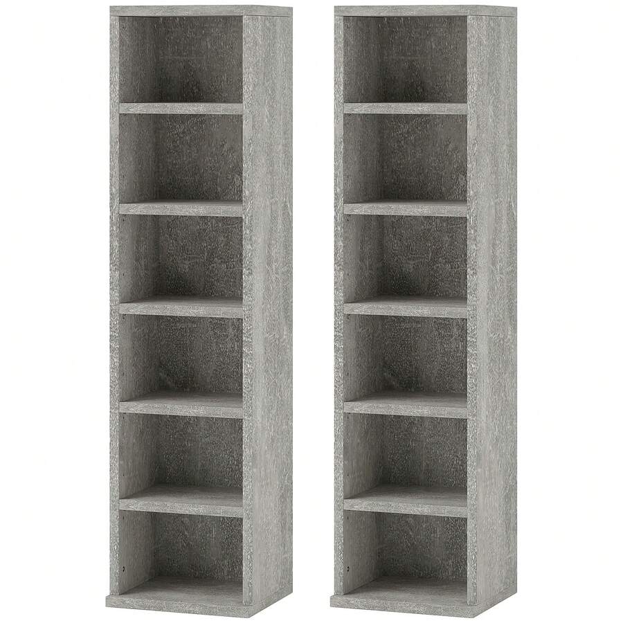 HOMCOM 204 CD Media Display Shelf Unit Set Of 2 Blu-Ray Tower Rack W/ Adjustable Shelves Bookcase Storage Organiser, Cement Grey - Grey - View 1