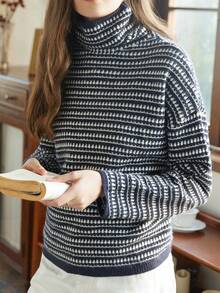 Knit Mix Women's Autumn/Winter Fashion French Elegant Commute Knit Contrast Color Striped Turtleneck Long Sleeve Regular Loose Pullover Sweater Top - Navy Blue - View 7