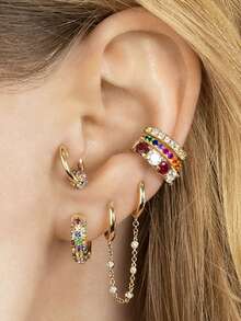 6Pcs Gold Plated Cubic Zirconia Hoop Earrings For Women Colorful Zirconia Dangle Earrings Set Fashion Party Jewelry Accessories