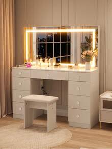 VOWNER 47.2" Large Vanity Desk With LED Lighted Mirror, Modern Makeup Vanity With Power Outlet, 9 Drawers And Soft Stool, 3 Color Light Modes, Brightness Adjustable, Bedroom Vanity Set Gifts For Girls Women, Halloween & Thanksgiving - Xem 2