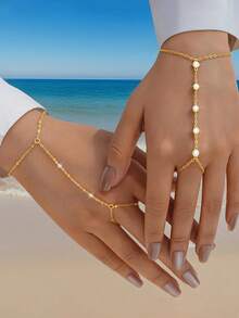 1pc Gold Hand Chain Bracelets For Women 14k Gold Plated Cubic Zirconia Link Chain Bracelet Set, Ring Bracelet Hand Chain Jewelry For Her,Birthday Gifts, Fashion Jewelry Gifts