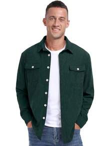 Men's Corduroy Button Down Long Sleeve Casual Shacket Western Shirt With Flap Pockets, 2025 Style - A07 深綠色 - 查看 4