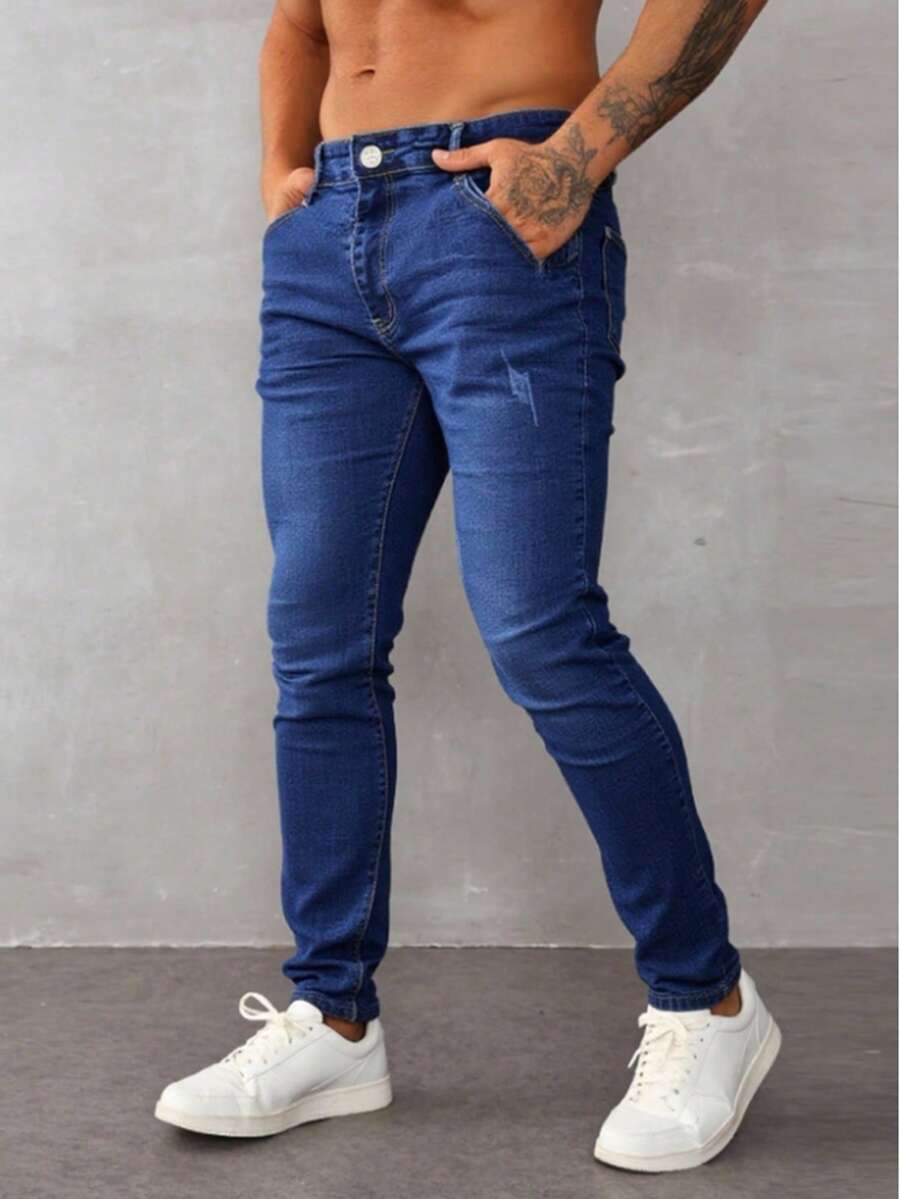 Pantalones Los Jeans De Pies Pequeños De Alta Elasticidad Para Hombres Están De Moda Y Se Pueden Usar En Viajes Callejeros, Citas De Ocio, Autocultivo Tricolor Para Jóvenes De 18 A 40 Años Y Mediana Edad. - Màu xanh lam - Xem 1