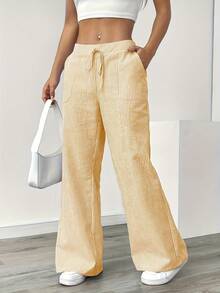 Women's Elegant Casual Striped Straight-Leg Pants With Drawstring Waist, Versatile Light Gray Vertical Stripes, Polyester Fabric, Side Pockets, All-Season Comfort, Versatile And Fashionable Straight-Leg Pants | Drawstring Waistband | Flared Bottom, Women's Trousers - Màu vàng - Xem 2