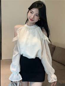 Áo kiểu nữ màu trơn, viền bèo nhún, cổ yếm, hở vai, thanh lịch, màu trắng mùa xuân. - trắng - Xem 6