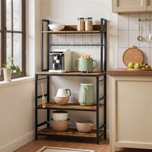 VASAGLE EU Kitchen Shelf with Sockets, Microwave Shelf with Grid Plate, 14 Hooks - Vintage Braun und Schwarz. - Übersicht 1