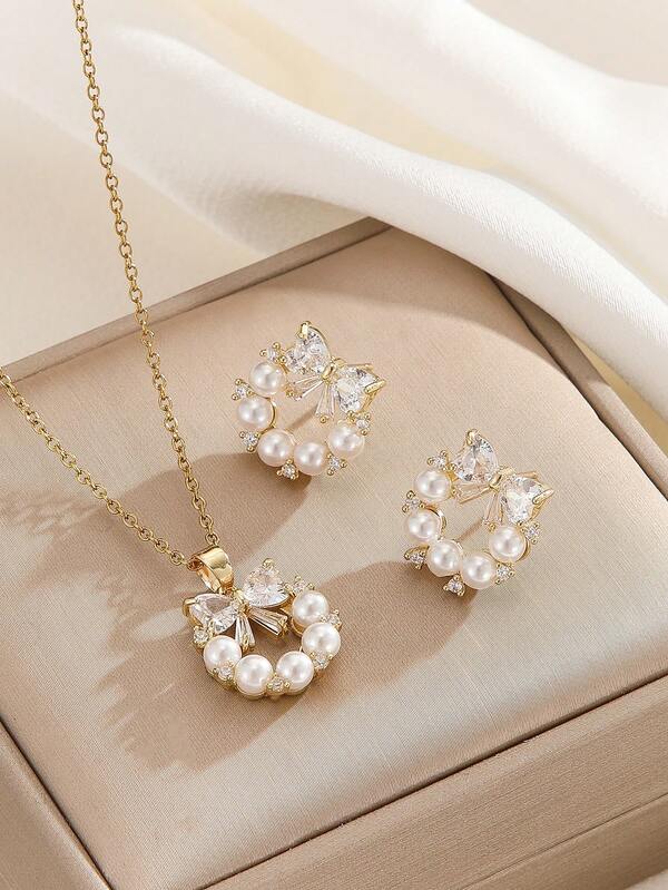 1 Set Stainless Steel Chain Zirconia Bowknot Floral Pendant Necklace & Earrings Set, Fashion Jewelry Gift Accessories For Women
