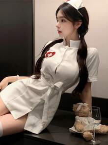 Sexy Nurse Uniform Cosplay Doctor Nurse High Collar Button Front Sequin Heart T-Shirt Dress Hairpin Cute Cosplay Women's Party - White - View 7