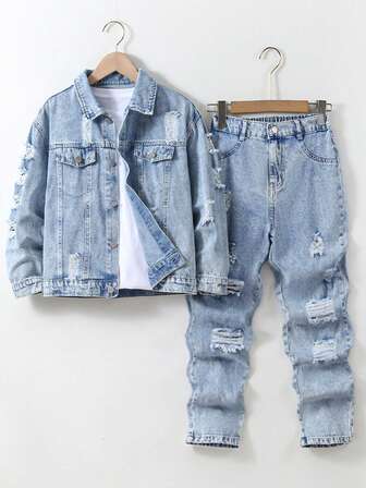 2pcs/Set Teenage Boys Casual Vintage Snowflake Distressed Denim Jacket And Jeans Pants, Street Style, Autumn/Winter New Arrival