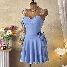 Bellisia Maiô feminino azul fofo e sedutor com saia e saída de praia para férias de verão