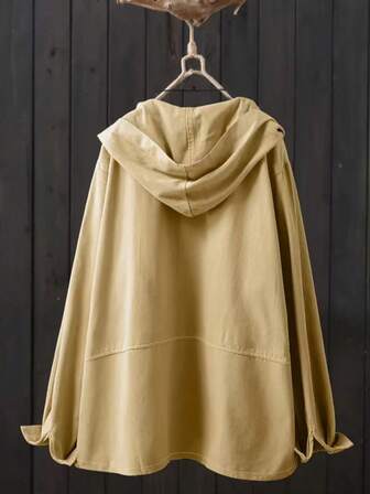 大码休闲纯色口袋前扣拉链连帽衫