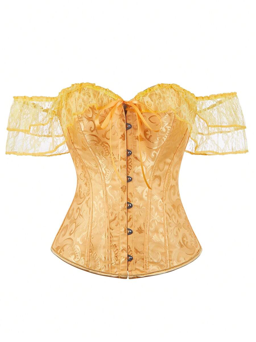 女式露肩提花褶饰腰部蕾丝吊带紧身胸衣上衣，适合新年派对、情人节、节日上衣、万圣节服装，复古 - 金色 - 查看 1