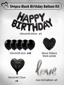 526pcs Black Birthday Balloon Set, Including 500pcs Black Fake Rose Petals, 16" Happy Birthday Foil Balloon Letters, Love And Heart Shaped Foil Balloons, Latex Balloons, Suitable For Black Themed Birthday Decoration, Men And Women Birthday Party Decorations, Party Supplies, Birthday Party, Anniversary, Wedding, Home Decor - Black - View 12
