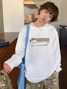女士宽松日本猫咪印花长袖棉质T恤，百搭春秋两季 - 白色 - 查看 2