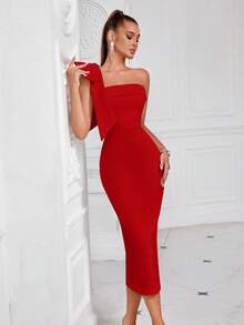 ADYCE 不对称领口纯色蝴蝶结装饰开衩露背中长款鸡尾酒会礼服，优雅半正式礼服，适合生日、婚礼宾客、毕业典礼、晚宴、返校节等场合，优雅的夏季新年礼服 - 紅色 - 查看 3