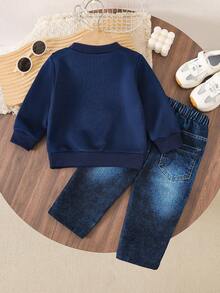 两件套男婴可爱小熊印花卫衣和牛仔印花裤套装，舒适 - 藏蓝色 - 查看 3