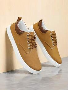 Plus Size Men's Solid Color Casual Skateboard Shoes, Canvas Upper, Breathable Non-Slip Lace-Up Sneakers, Suitable For Outdoor, Street Style