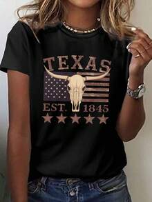 Women's Texas Americana Graphic T-Shirt – Vintage 1845 Design With Longhorn Skull, 4th Of July, Stars, Casual Crew Neck Top, Soft And Stretchy, Western Style, Medium Elasticity - 黑色 - 查看 1
