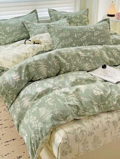 4pcs Green Leaf Pattern Bedding Set (1 Duvet Cover, 2 Pillowcases, 1 Bed Sheet), Pastoral Elegant Style, Skin-Friendly & Comfortable, Suitable For Single/Double Bed, All Seasons