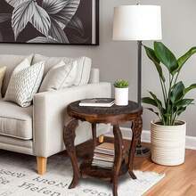 The Wooden Town Farmhouse Mesa auxiliar redonda decorativa, mesita de noche rústica para sala de estar, recámara, mesas de café, bandeja de madera, acabado hecho a mano, 18 x 22 pulgadas, quemada - 1 - Ver 6