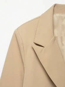 Chaqueta casual de mujer de corte holgado y doble botonadura con solapa, unicolor de manga larga, minimalista y de moda, adecuada para primavera/otoño/invierno - Caqui - Ver 3