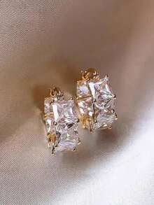 2只方形耳环，镀金耳钉，新娘伴娘婚礼派对珠宝礼物，男女皆宜的情侣生日周年纪念礼物，送给女友/妻子 - 金色 - 查看 14