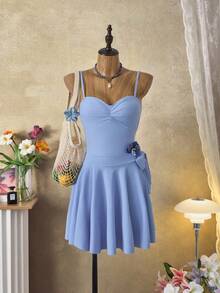 Bellisia Maiô feminino azul fofo e sedutor com saia e saída de praia para férias de verão