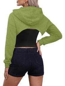 Women Crop Top Pullover Sweatshirt Long Sleeve Drawstring Hoodie - 軍綠色 - 查看 5