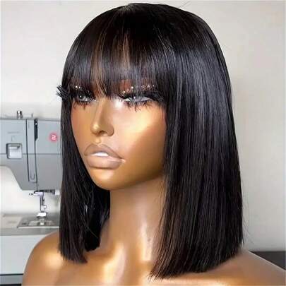 Peluca Bob de cabello humano corto sin pegamento con flequillo, recta, sin encaje frontal, color natural, lista para usar, densidad del 150 %.