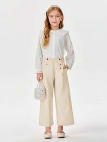 Girls Wide Leg Pants Kids Fashion Elastic Waist Front Button Trousers With Pockets 5-14 Years - Beige - View 10