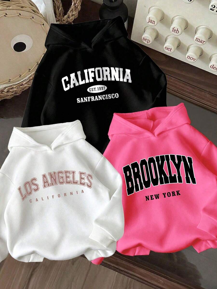 3pcs Toddler Girls' Letter Print Warm Hooded Sweatshirt Set - Multicolor - View 1