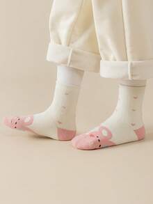 5 Pairs Girls' Mid-Calf Socks, Pink, White, Light Blue, Solid Color, Contrast Color, Cartoon Rabbit, Letter, Flower, Heart, Bow Decor, Autumn/Winter, Soft & Warm Thick, Simple Style, Cute, Fashionable, Versatile For Daily Wear - Multicolor - View 6