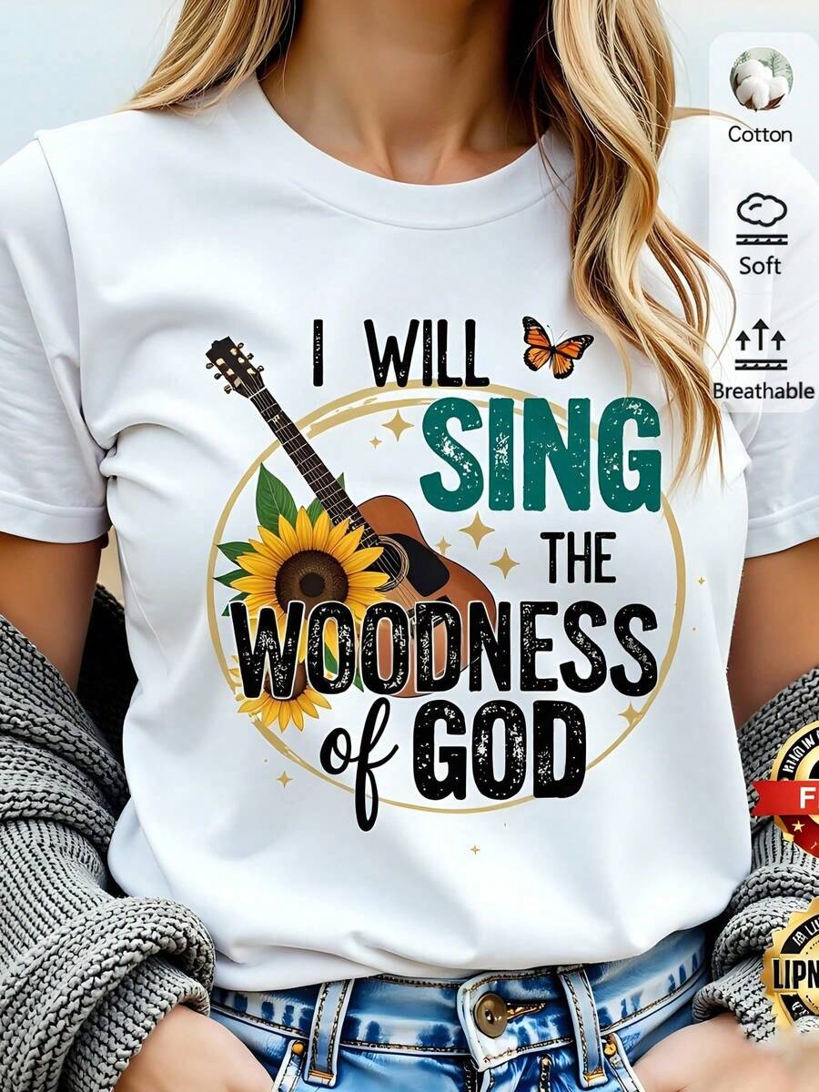 Camiseta blanca para mujer de algodón 180g, diseño impreso "I Will Sing The Goodness Of God" con girasol, guitarra y mariposa, estilo casual, cuello redondo y manga corta ideal para verano