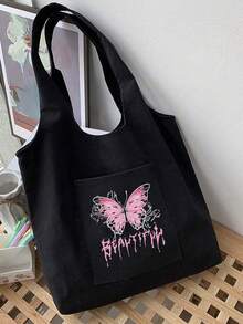 Bolsa de lona casual con estilo Y2k, con diseño de mariposa rosa y patrón de letra personalizado para mujeres. Equipada con una bolsa de maquillaje con cremallera negra, bolsa de almacenamiento casual portátil, bolsa de almacenamiento de artículos de tocador, bolsa de compras multifuncional, nuevo diseño, gran capacidad, muy adecuada para compras, bolso de hombro, bolso de mano, bolsa de almuerzo, lonchera, bolso cruzado, adecuada para hombres y mujeres, parejas, uso diario