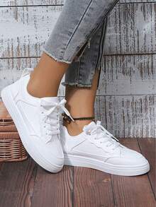Women White Sneakers Spring Autumn Sport Running Shoes Casual Lace Up Flat Skid-Proof Shoes - White - View 6