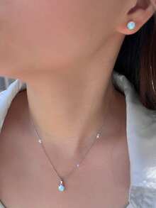 1 Set 925 Sterling Silver Mystical Blue Fire Opal Round Stud Earrings And Pendant Necklace Jewelry Set, Engagement/Party/Holiday Gift For Women - Blue - View 9