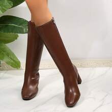 秋冬女士粗跟高筒靴，舒适厚底正装鞋，亮面皮革过膝保暖靴，高跟鞋 - 棕色 - 查看 4