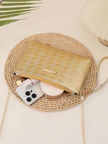 Bolso de hombro y bandolera de cadena de unicolor minimalista con relieve de PU dorado - Dorado - Ver 6