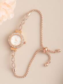 1件/2件装时尚女士手镯手表，奢华圆形表盘，镶嵌水钻水晶波浪纹设计，合金石英表，送给女朋友的礼物 - 玫瑰金 - 查看 13