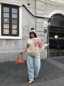 Plus Size Women's Fall And Winter Fashion Casual Bohemian Vacation Simple Commuter Contrasting Colors English Letters Love Printed Round Neck Pearl Buttons Sleeveless Cardigan Brunch Outfits For Women