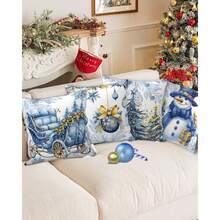 4件套圣诞枕套，雪花和蓝色树叶图案，蓝色枕套配金色点缀，树雪人冬季节日装饰家居沙发靠垫。（16英寸*16英寸，18英寸*18英寸，20英寸*20英寸） - 藍色 - 查看 5