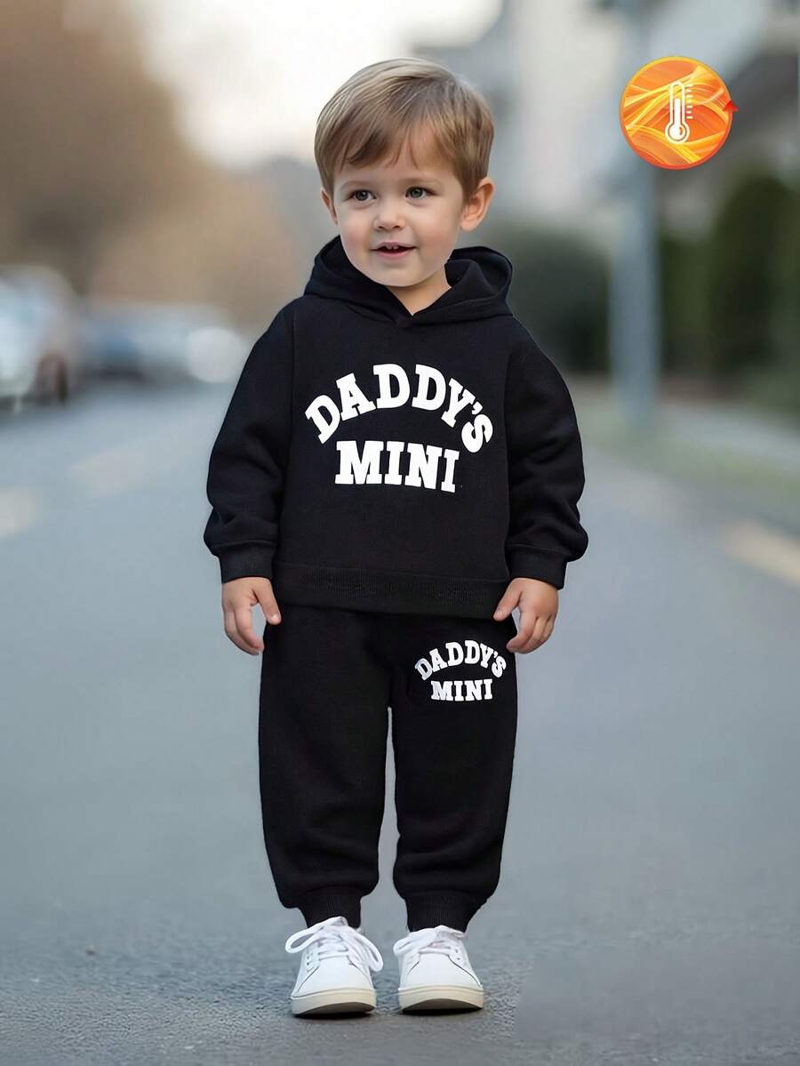 2pcs/Set Baby Boy Casual Fashion Outfit, Hooded Sweatshirt With "DADDY'S MINI" Print + Outdoor Pants, 0-3 Years Old