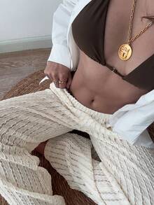 法式休闲条纹蕾丝提花透明女裤 - 杏色 - 查看 6