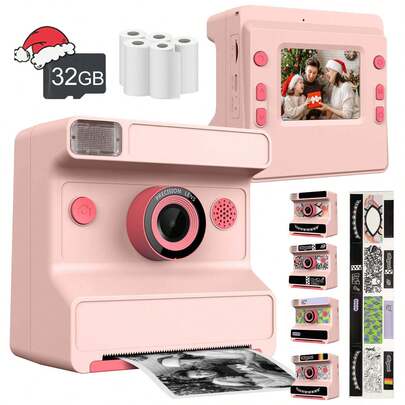 Cámara instantánea para niños, cámara digital instantánea con pantalla grande, con pegatinas y 3 hojas de papel de impresión, video HD 1080P, adecuada para niños y niñas de 3 a 12 años, un excelente regalo de cumpleaños. También una excelente opción para regalos del Mundial, San Valentín, Año Nuevo, Eid, cumpleaños y fiestas.