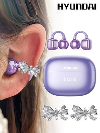HYUNDAI 现代 Clipbuds7 时尚蓝牙耳机，夹式开放式设计，蓝牙 5.4，定向音频，环绕立体声，IP45 防水，超长续航，低延迟，游戏和音乐体验极佳，无需耳洞即可舒适佩戴，时尚女性配饰，理想礼物